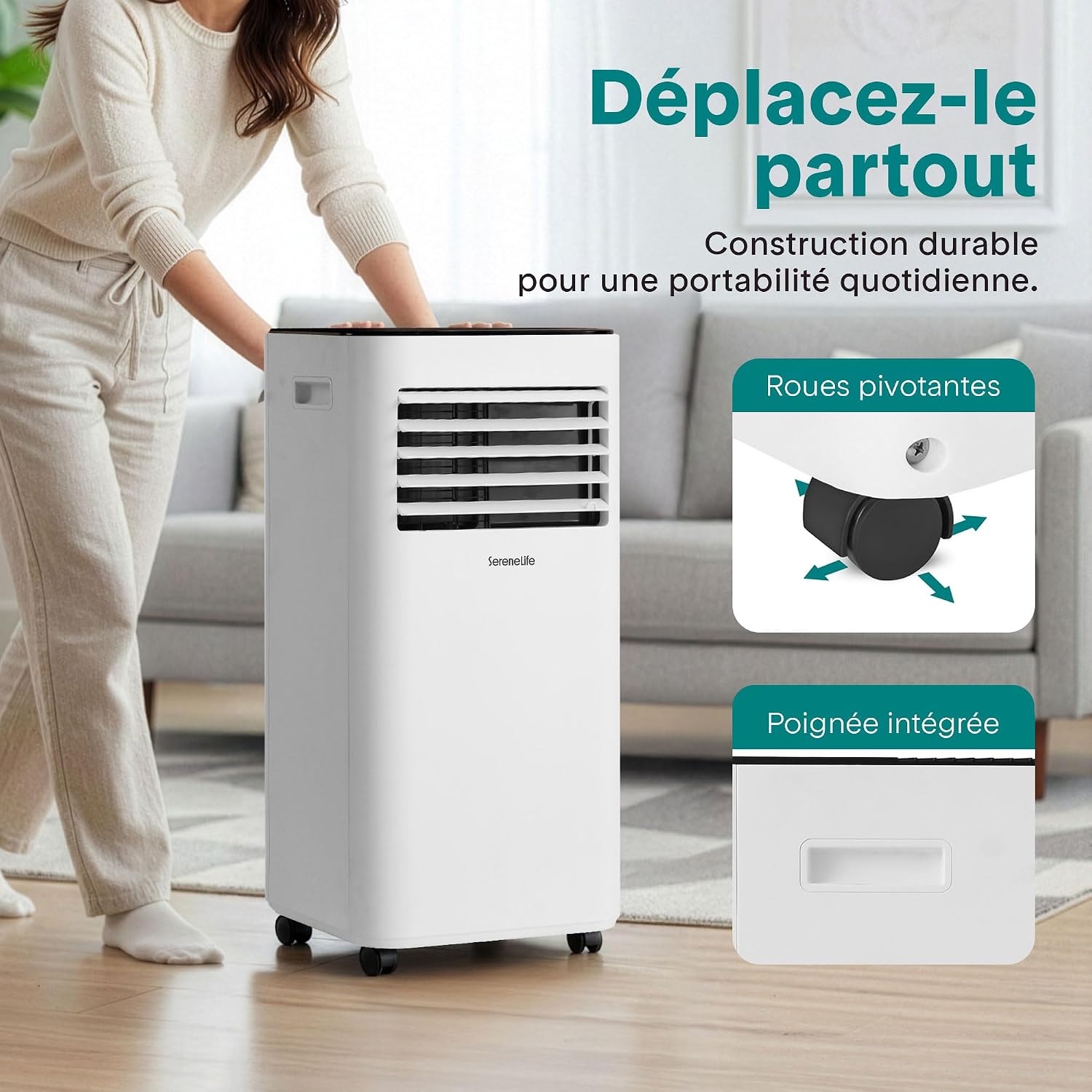 SereneLife Climatiseur Mobile 9000 BTU – Portable Silencieux 55 dB, 31 m² Ventilateur et Déshumidificateur, Rafraîchisseur d’Air, Télécommande, Écran LED