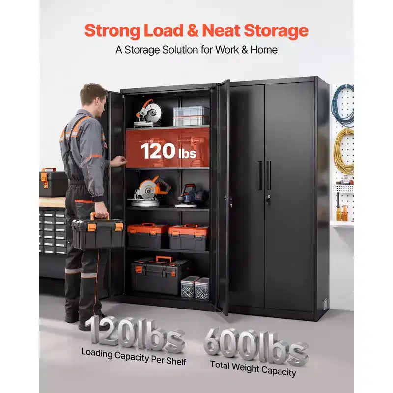 VEVOR Metal Storage Cabinet, 68.9 in Lockable Steel Garage Cabinet with 4 Adjustable Shelves, 2 Magnetic Doors, 2 Keys, 5 Tiers Tool Storage, Black
