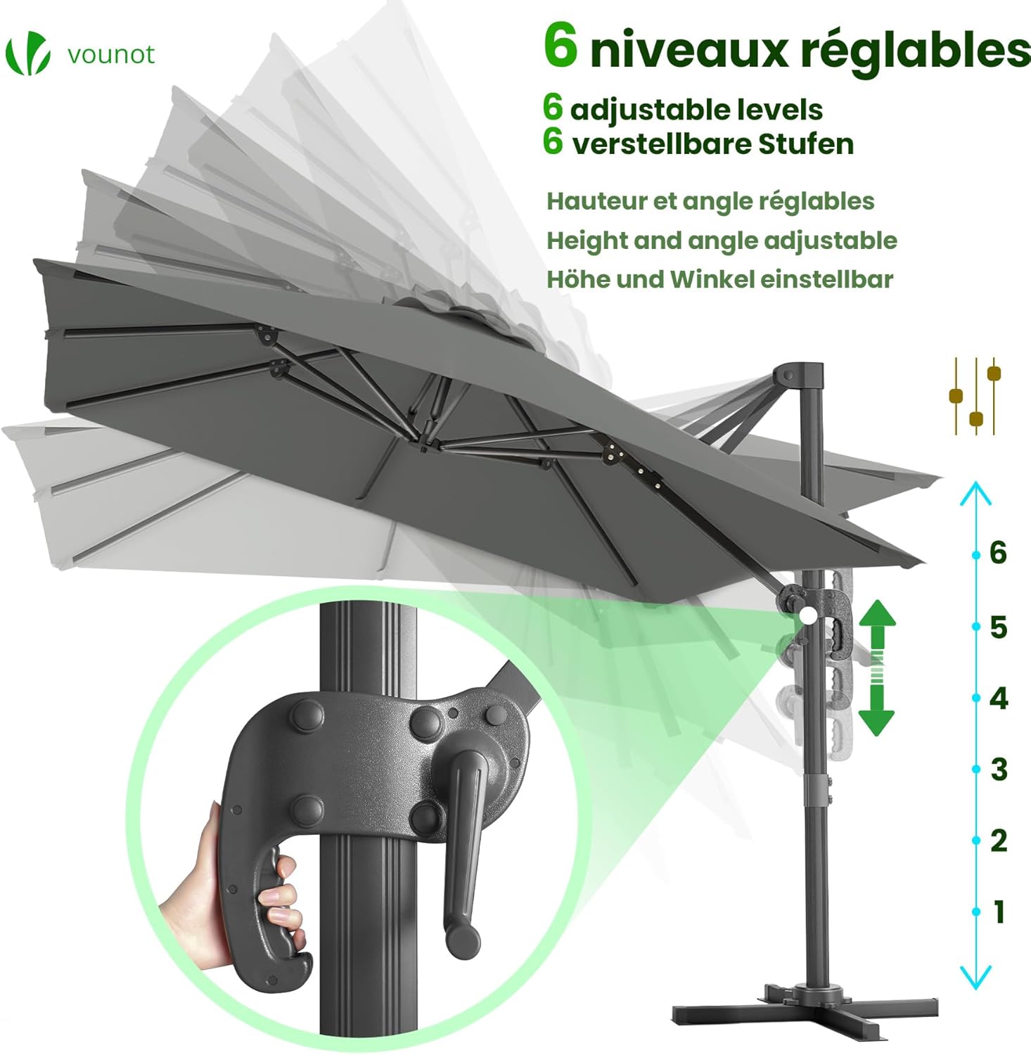 vounot® Parasol Déporté Carré 3x3M avec 8 Baleines Parasol de Jardin Extérieur Rotation 360° Inclinable 6 Positions Toile Polyester Anti UV et Imperméable avec Housse Gris Foncé