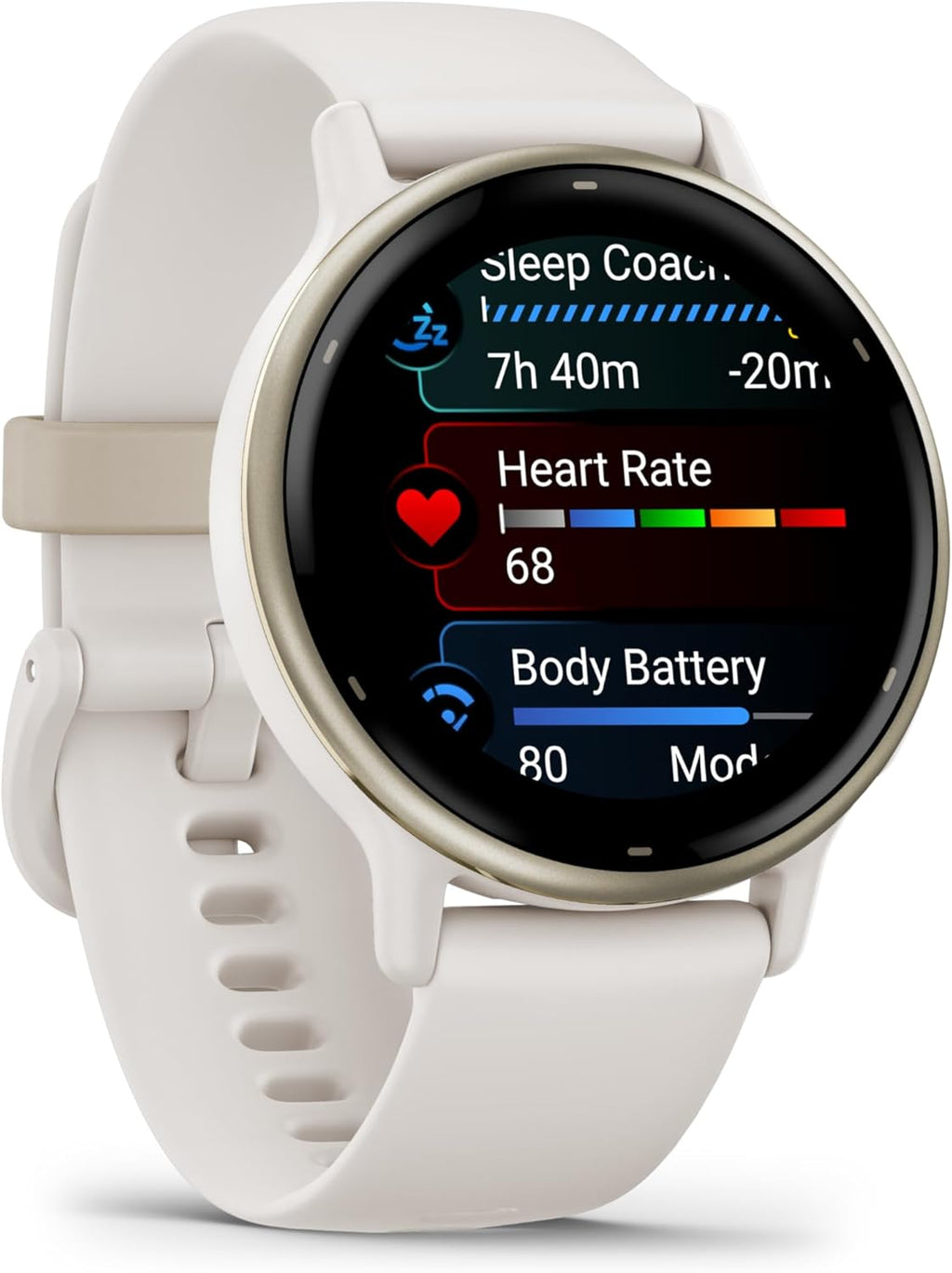 Garmin Vivoactive 5 montre intelligente GPS santé et fitness pour homme et femme lunette aluminium doré crème bracelet silicone ivoire écran AMOLED 3 cm autonomie