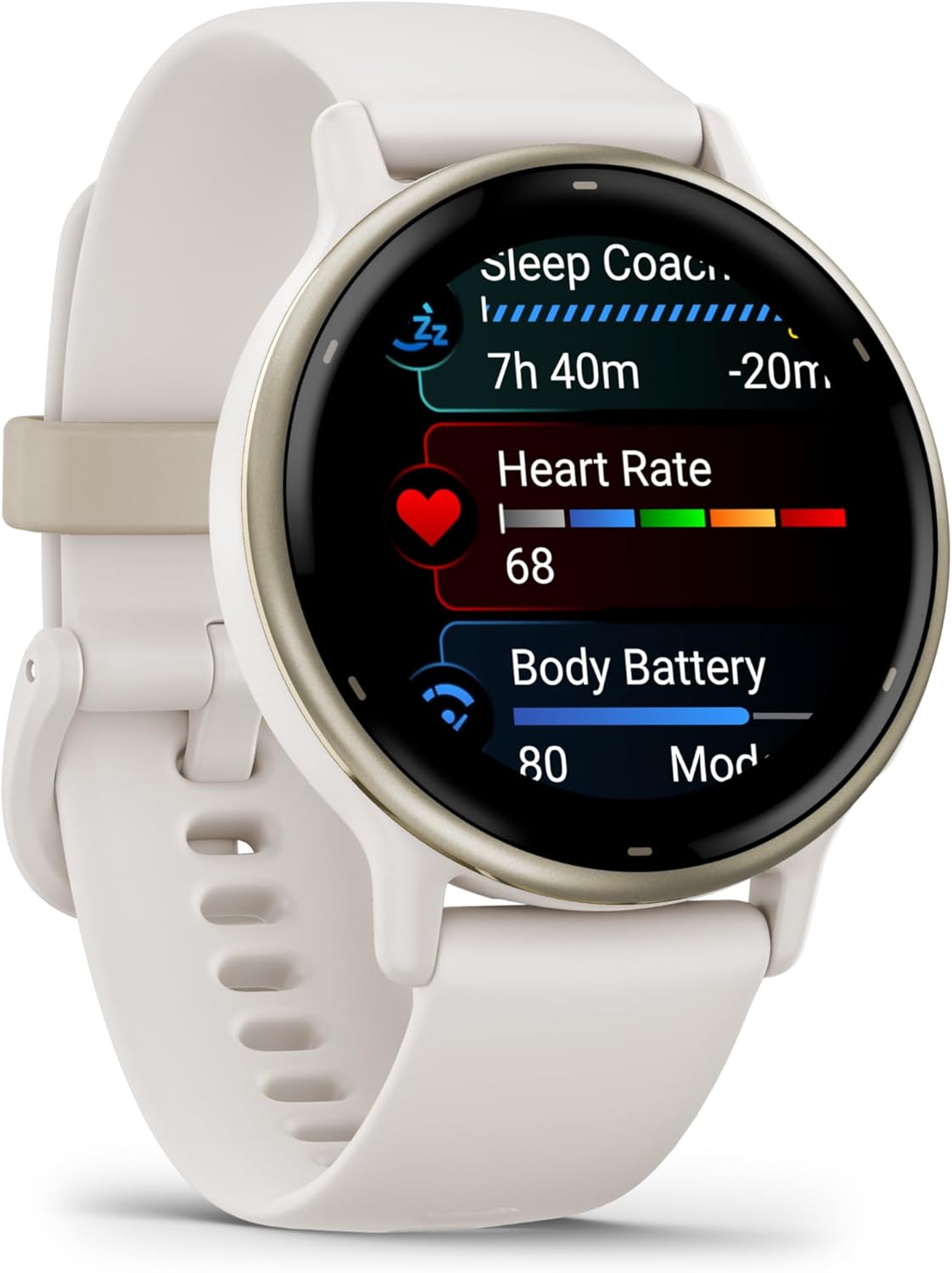 Garmin Vivoactive 5 montre intelligente GPS santé et fitness pour homme et femme lunette aluminium doré crème bracelet silicone ivoire écran AMOLED 3 cm autonomie