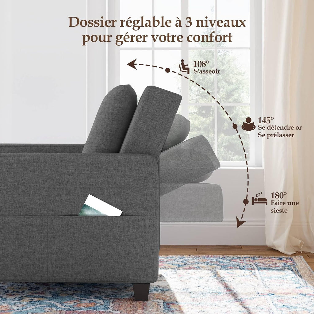 Canapé-lit Compact 3-en-1, canapé Pliant & ottomane avec Fonction lit, Fauteuil Convertible jusqu'à 200 kg, canapé-lit avec revêtement Effet Lin, Fauteuil pour Salon et Chambre d'amis, Gris foncé
