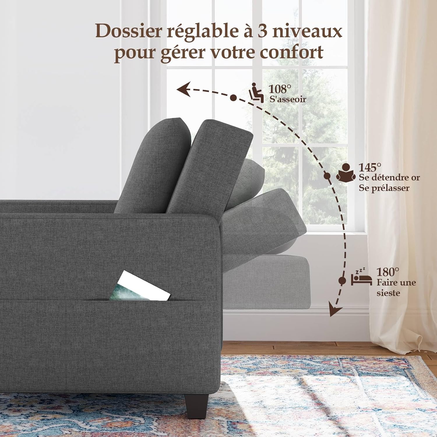 Canapé-lit Compact 3-en-1, canapé Pliant & ottomane avec Fonction lit, Fauteuil Convertible jusqu'à 200 kg, canapé-lit avec revêtement Effet Lin, Fauteuil pour Salon et Chambre d'amis, Gris foncé