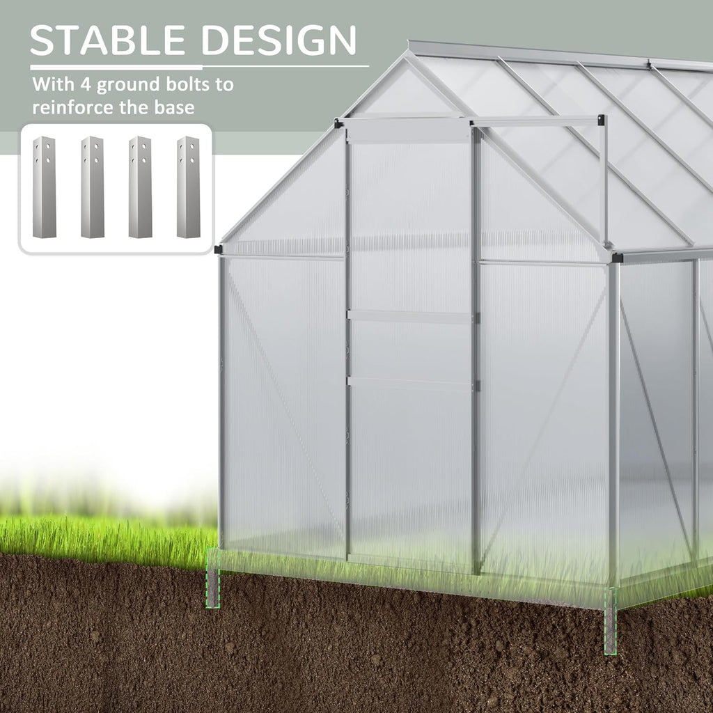 Outsunny Serre de Jardin en Polycarbonate 7,1 m² avec Porte coulissante, Lucarne Ajustable, Fondation Incluse, dim. 1,9L x 3,75l x 1,99 m - Argent et Transparent