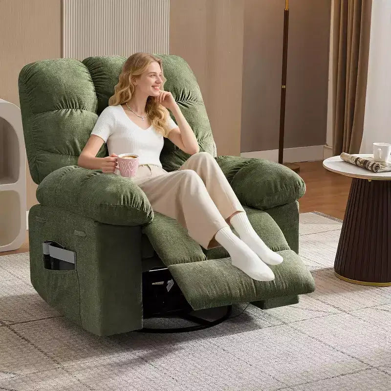 Massage Recliner Chair with Heat - 360 Swivel Rocker, Oversized Single Sofa w/ Vibration, USB & Storage Pockets for Living Room/Bedroom