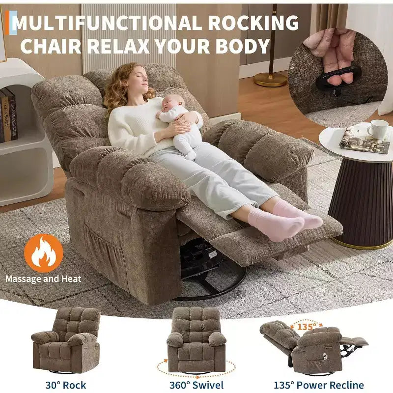 Massage Recliner Chair with Heat - 360 Swivel Rocker, Oversized Single Sofa w/ Vibration, USB & Storage Pockets for Living Room/Bedroom