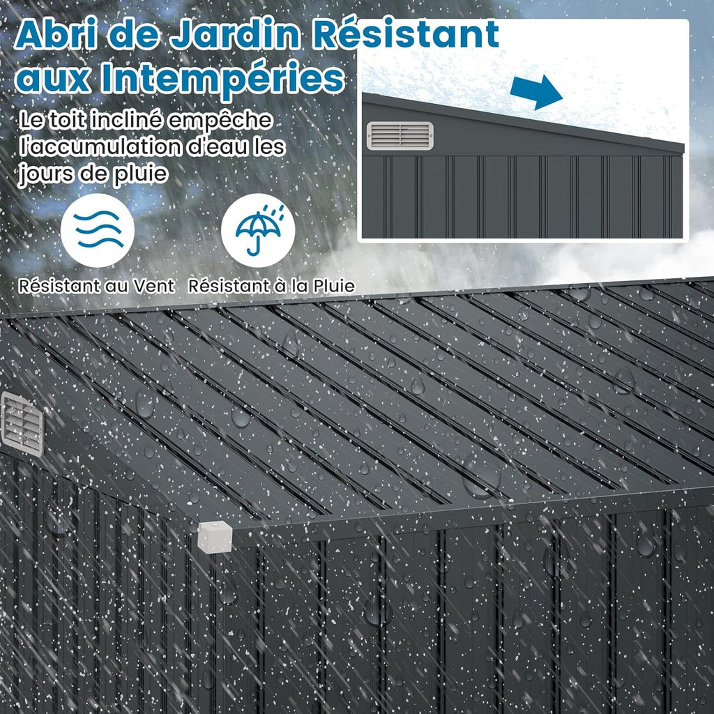 COSTWAY Abri de Jardin en Métal 2,6㎡, Cabane Jardin Exterieur en Acier Galvanisé 5,7 m³ avec Loquet, Porte avec serrure et clé, Toit en Pente, 4 Gants, 2 Trous d’Aérations, Abri Exterieur (Gris foncé)