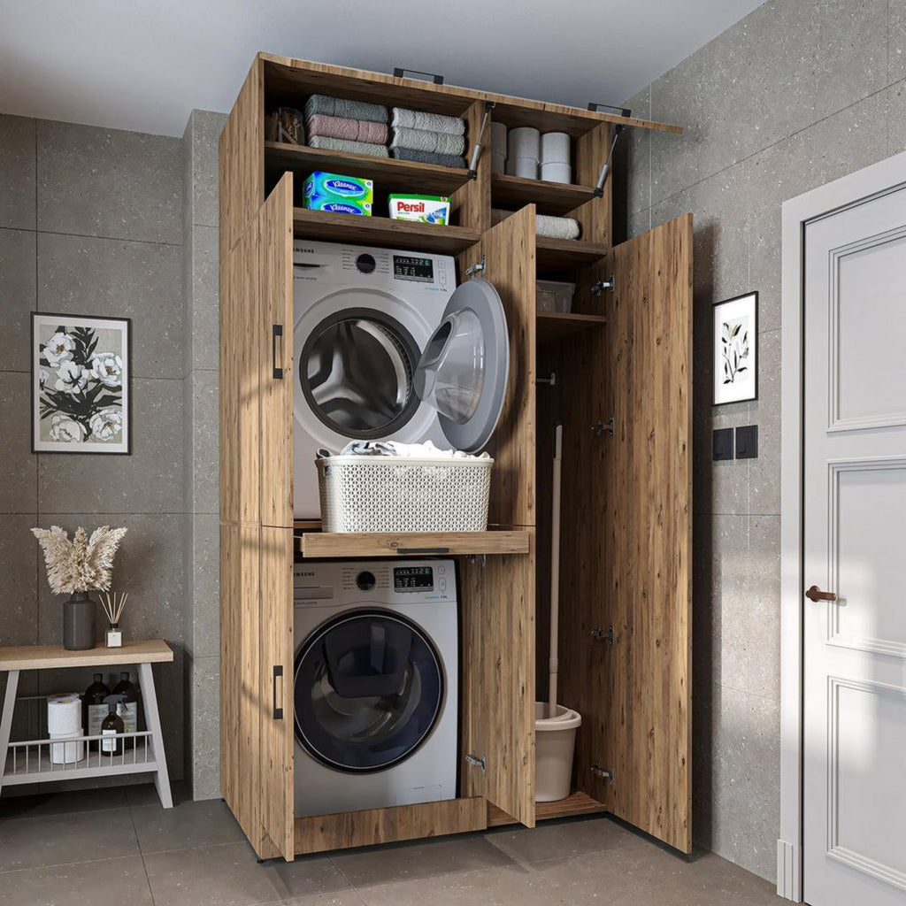 ROOMART Dora - Meuble pour machine à laver - Pour sèche-linge et machine à laver - En 4 couleurs - Avec portes et panneau coulissant - Blanc - Chêne blanc - Chêne anthracite - Chêne blanc (chêne blanc)