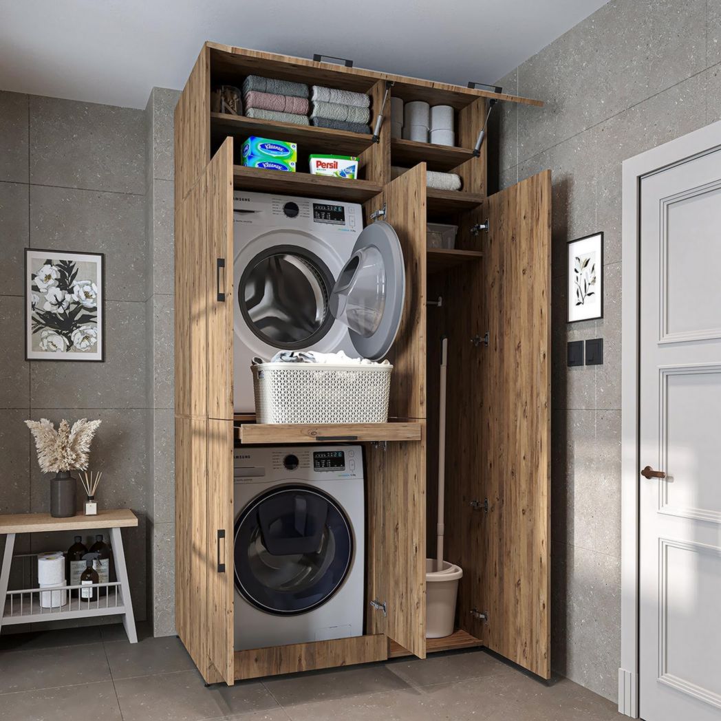 ROOMART Dora - Meuble pour machine à laver - Pour sèche-linge et machine à laver - En 4 couleurs - Avec portes et panneau coulissant - Blanc - Chêne blanc - Chêne anthracite - Chêne blanc (chêne blanc)