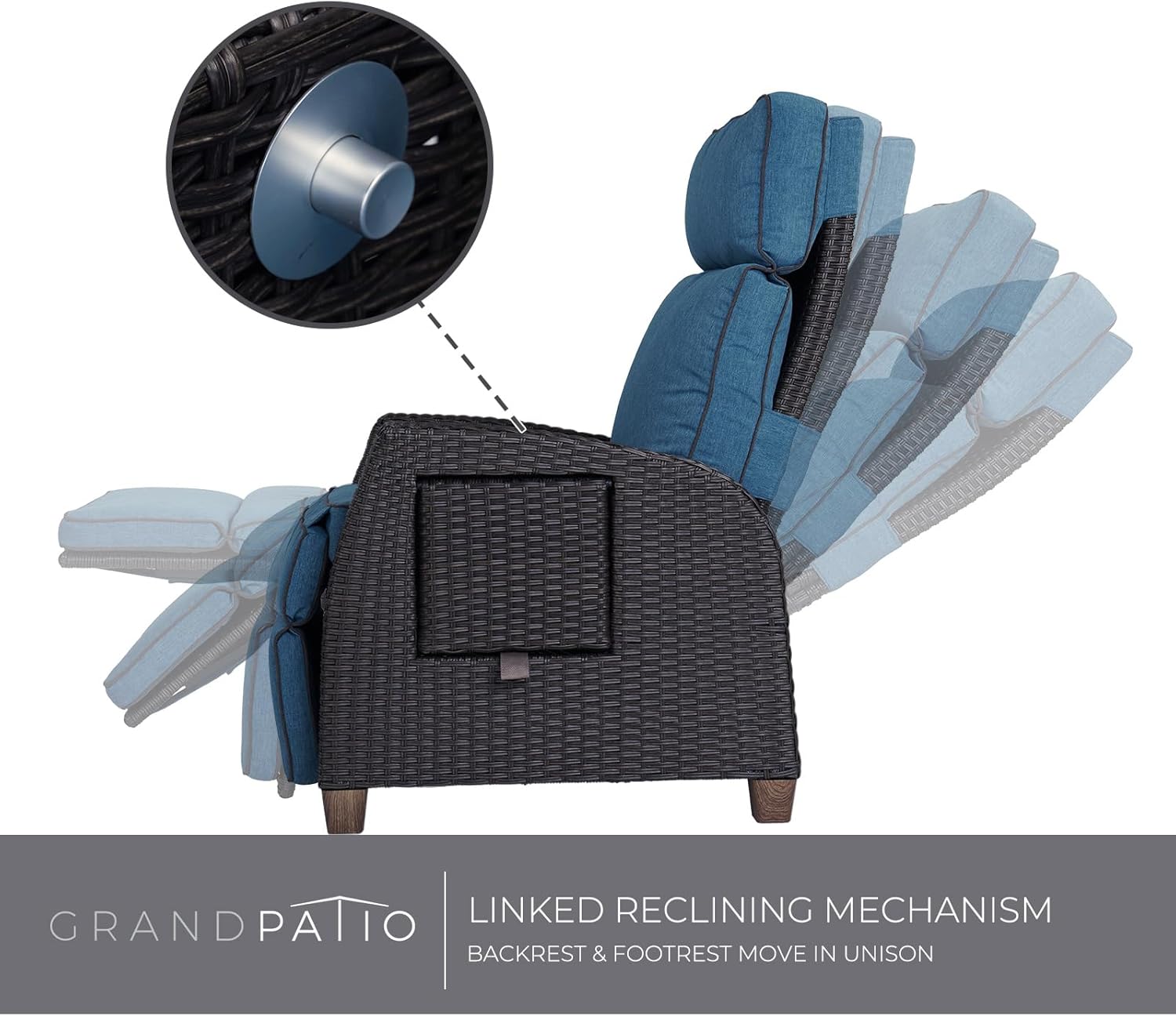 Grand patio Chaise longue inclinable à position réglable avec table rabattable et coussin pour jardin, cour, terrasse, extérieur – Coussin bleu paon et osier marron