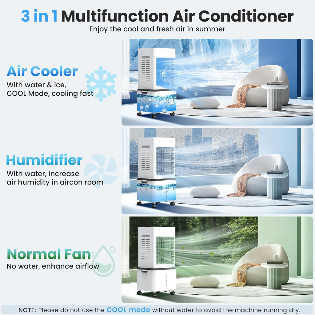 Climatiseur Mobile Silencieux 12L, Refroidisseur d'air Climatiseurs Portables Économie d'énergie Ventilateur Humidificateur, 6 Vitesses, Télécommande, 24H Minuterie, pour Maison Bureau Chambre (Blanc)