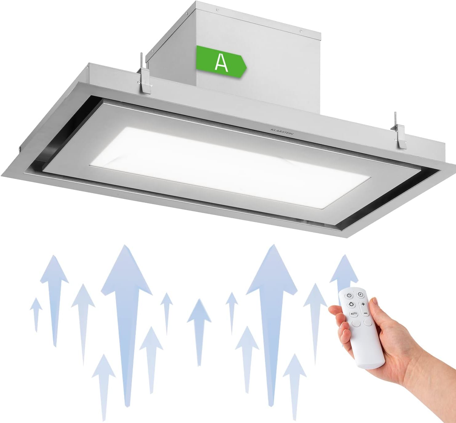 Klarstein Remy Brilliant Edition - Hotte îlot, 618 m³/h, 230 W, télécommande, lampe LED: 3 niveaux de luminosité jusqu'à 6500 Kelvin, filtre à graisse, extraction et recyclage d'air - 90 cm, argent
