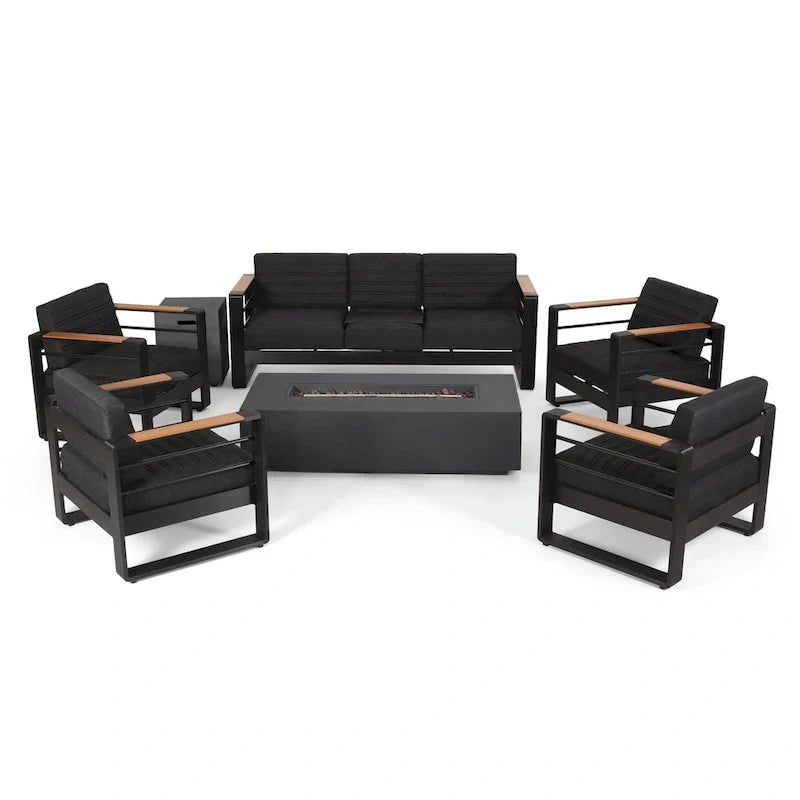 Giovanna Outdoor Aluminum 7 Seater Chat Set with Fire Pit by Christopher Knight Home