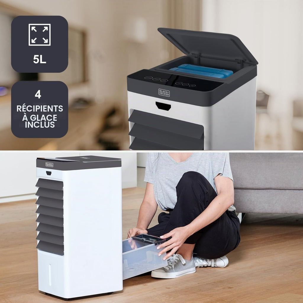 BLACK+DECKER - Rafraîchisseur d'air évaporatif 75 W | Réservoir 5 L | Oscillation | Écran digital | Télécommande | Minuterie 7,5 h | 3 vitesses et modes | 4 bacs à glace | Roulettes