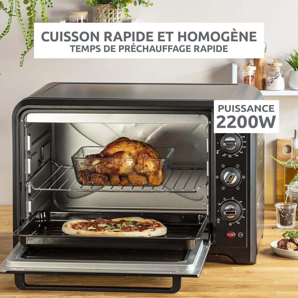 Moulinex Four électrique à chaleur tournante 60 L, 7 modes de cuisson, Tournebroche, Thermostat réglable jusqu’à 240 °C, Timer 120 minutes, 2 grilles réversibles, Optimo, Noir OX495810