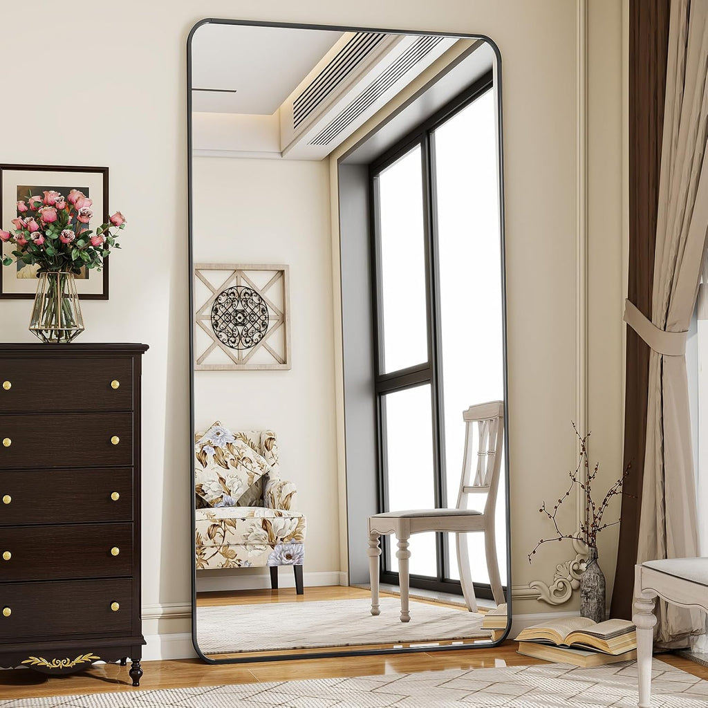 Koonmi miroir sur pied avec coins arrondis, 76 x 171 cm, grand miroir mural sur pied pour chambre à coucher et salon, noir