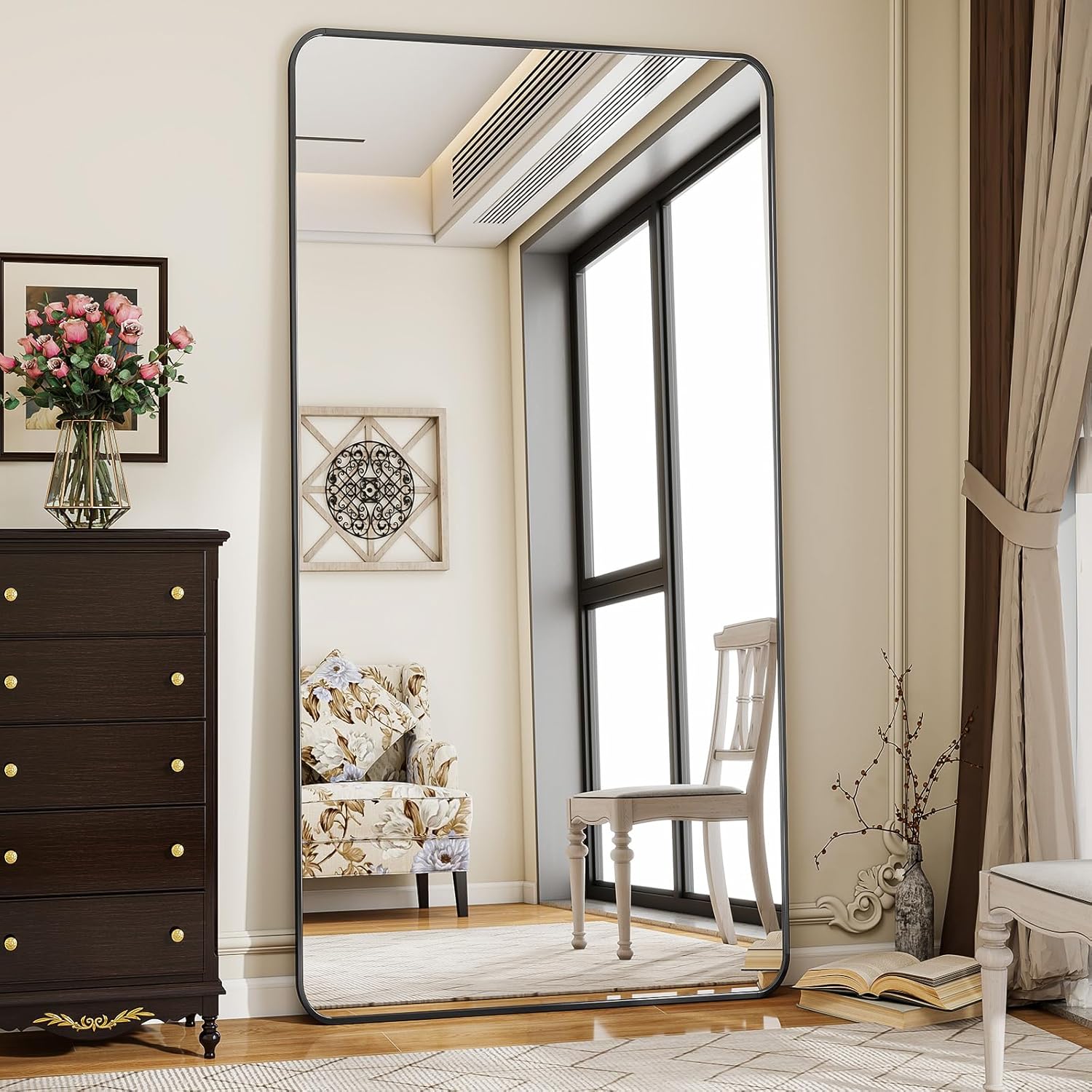 Koonmi miroir sur pied avec coins arrondis, 76 x 171 cm, grand miroir mural sur pied pour chambre à coucher et salon, noir