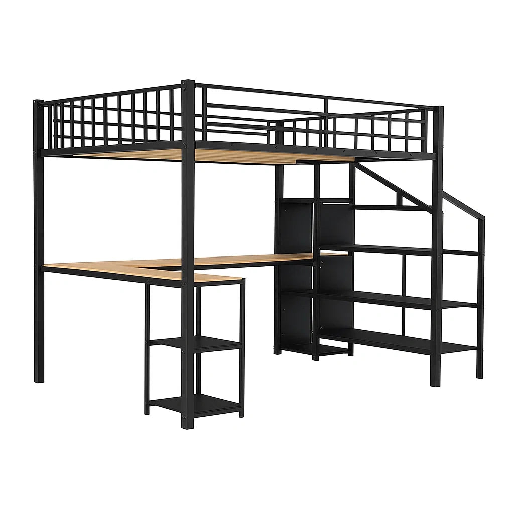 Lit mezzanine en métal et bois avec bureau et étagères