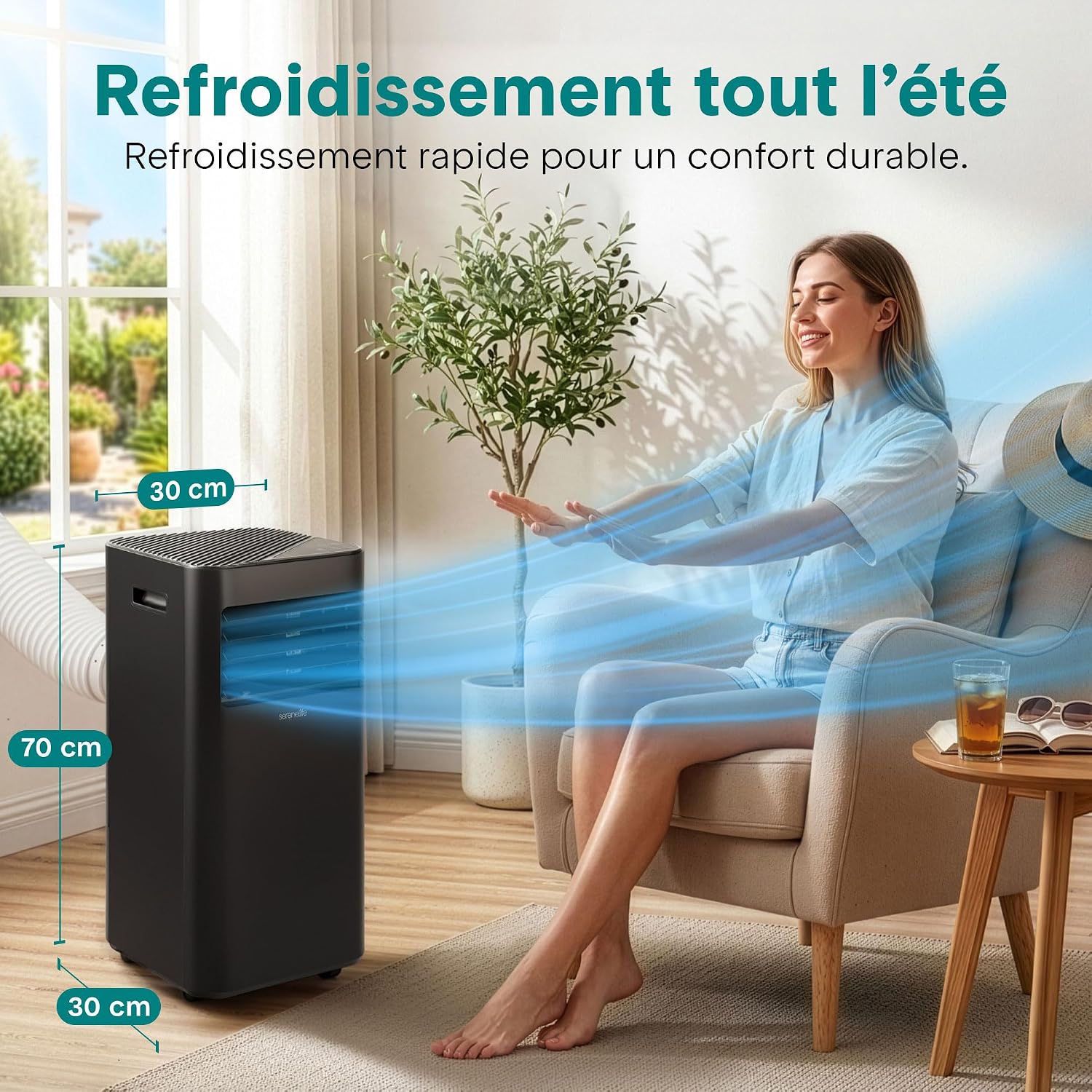 SereneLife Climatiseur Mobile 9000 BTU 2,0 kW – Climatiseur Portable avec Évacuation, 3 en 1 Refroidissement Déshumidificateur Ventilateur, Silencieux 54 dB, Télécommande et Kit Fenêtre