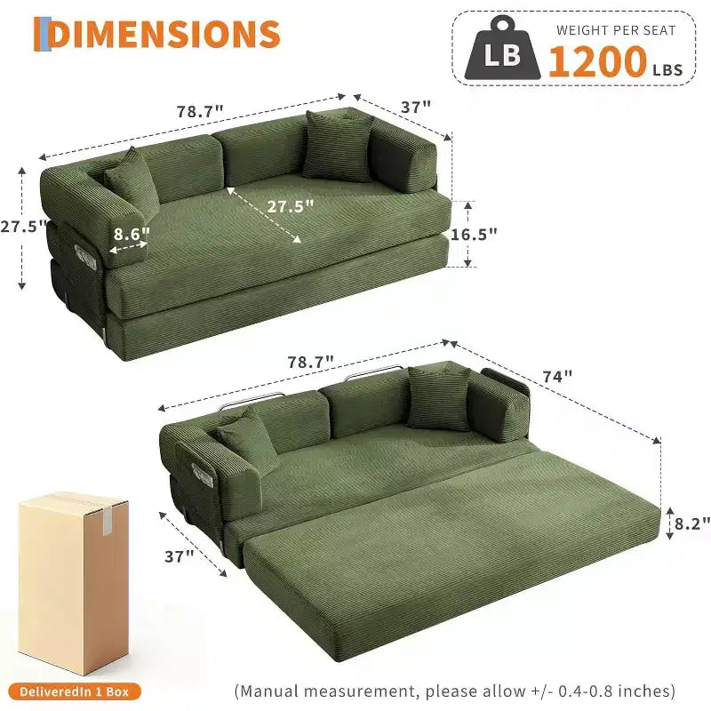 5-in-1 Convertible Sofa Bed, 78.8 Modular Corduroy Sleeper with Sturdy Frame, Multi-Functional Futon for Small Space, Living Room & Guest Room