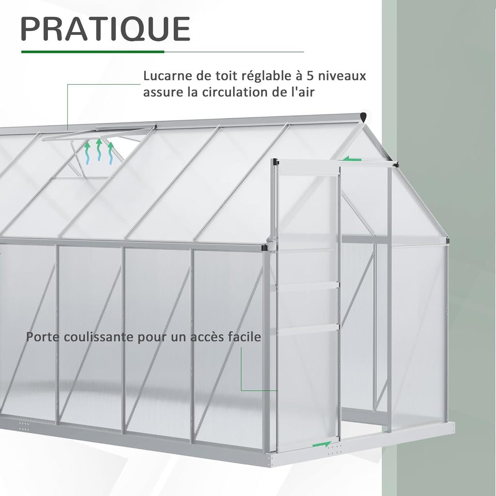 Outsunny Serre de Jardin en Polycarbonate 7,1 m² avec Porte coulissante, Lucarne Ajustable, Fondation Incluse, dim. 1,9L x 3,75l x 1,99 m - Argent et Transparent