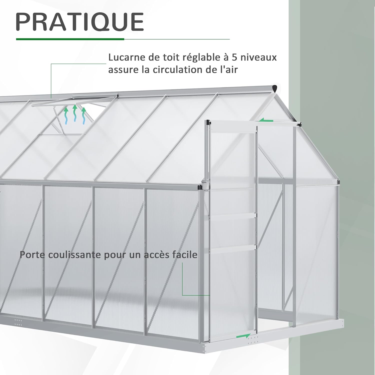 Outsunny Serre de Jardin en Polycarbonate 7,1 m² avec Porte coulissante, Lucarne Ajustable, Fondation Incluse, dim. 1,9L x 3,75l x 1,99 m - Argent et Transparent