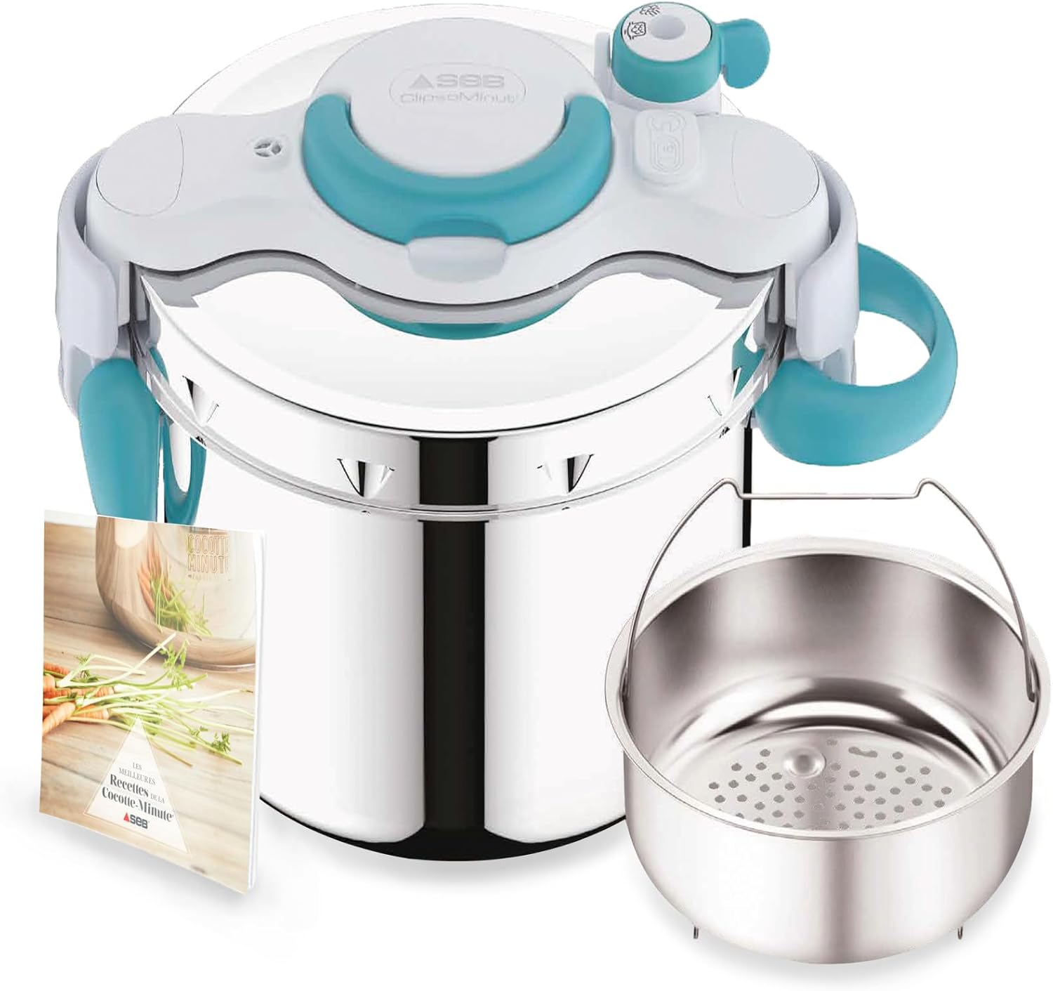 SEB ClipsoMinut'Easy + bleu 7,5L poignées rabattablesCocotte-minute®InductionLivre de 100 recettes Autocuiseur Inox Fabriqué en France Facile à utiliser P4904816