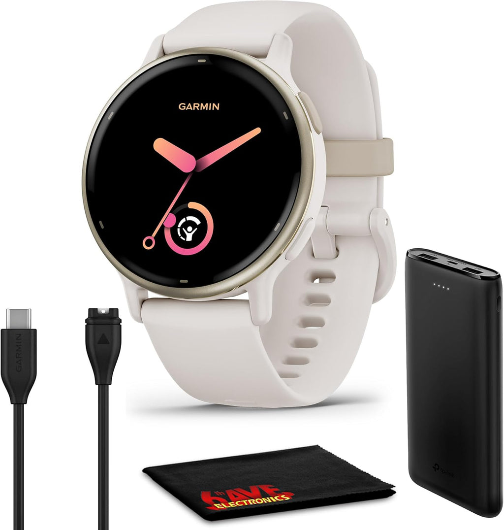 Garmin Vivoactive 5 montre intelligente GPS santé et fitness pour homme et femme lunette aluminium doré crème bracelet silicone ivoire écran AMOLED 3 cm autonomie