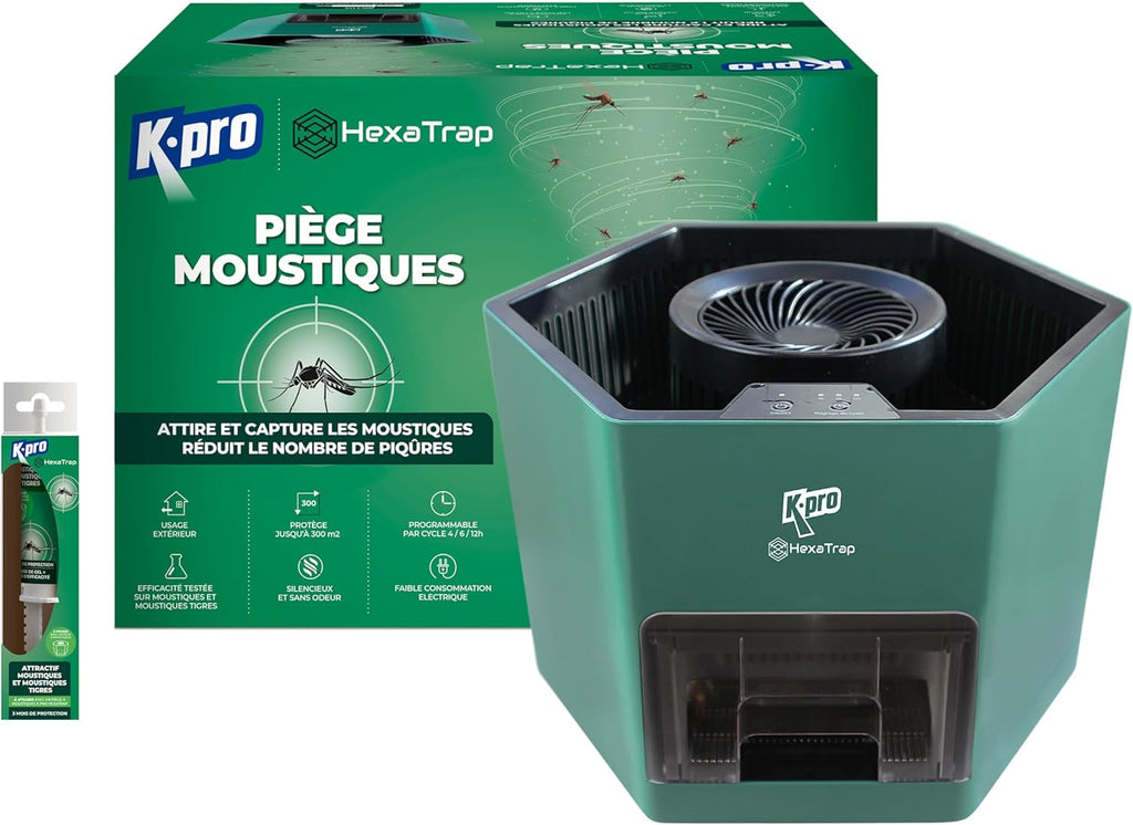 K.PRO Piège à Moustiques Exterieur avec 1 seringue d'attractif. Attire et Capture Les moustiques et Assure 3 Mois de tranquillité jusqu'à 300m². Electrique et Programmable, Silencieux et sans Odeur