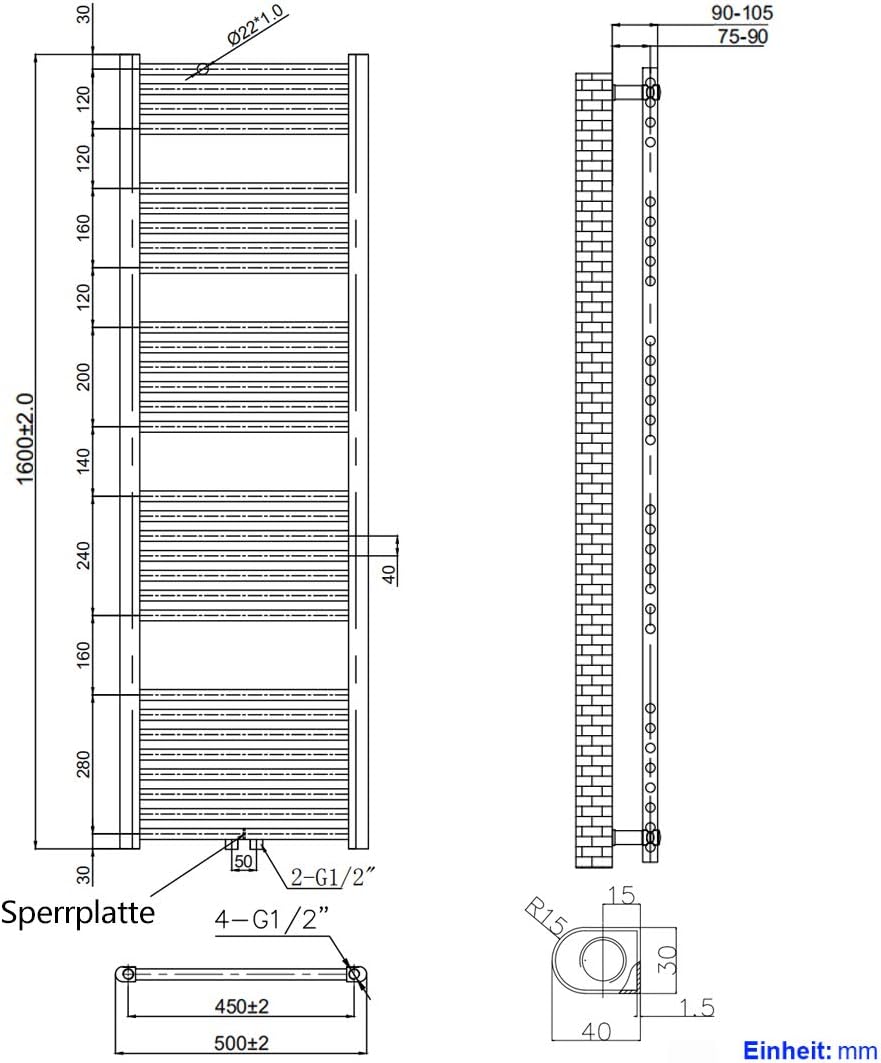 S'AFIELINA Radiateur Sèche-Serviettes Anthracite 1600x500 mm Porte-Serviettes Chauffant à Eau Chaude pour Salle de Bain 654W Sèche Serviette Eau Chaude avec Raccordement Central