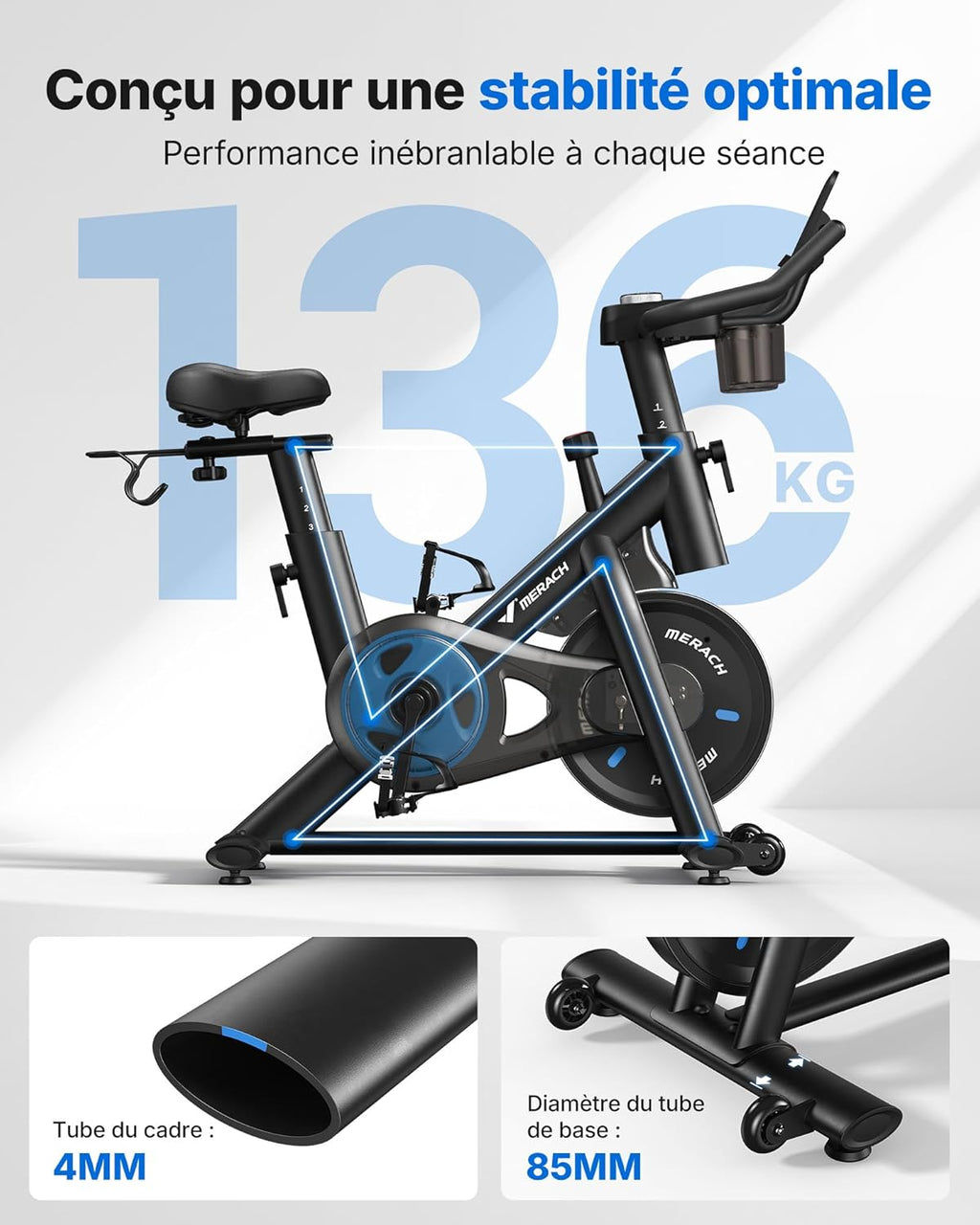 MERACH Vélo d'Appartement pour la Maison - Vélo de Fitness d'Intérieur Silencieux avec Résistance Réglable, Écran LED, Siège Confortable, pour Entraînement Cardio, App Exclusive, Capacité Max 136KG