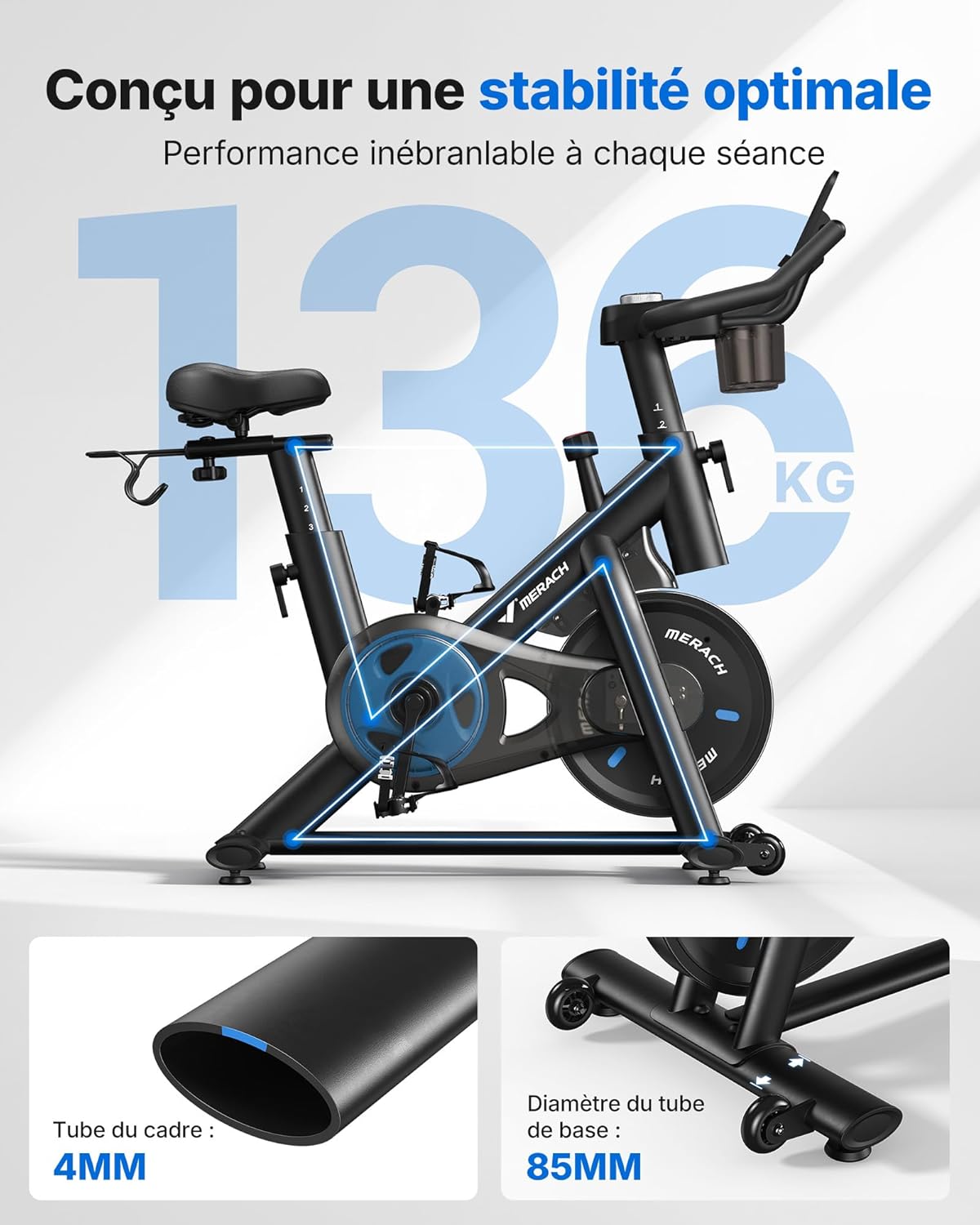 MERACH Vélo d'Appartement pour la Maison - Vélo de Fitness d'Intérieur Silencieux avec Résistance Réglable, Écran LED, Siège Confortable, pour Entraînement Cardio, App Exclusive, Capacité Max 136KG