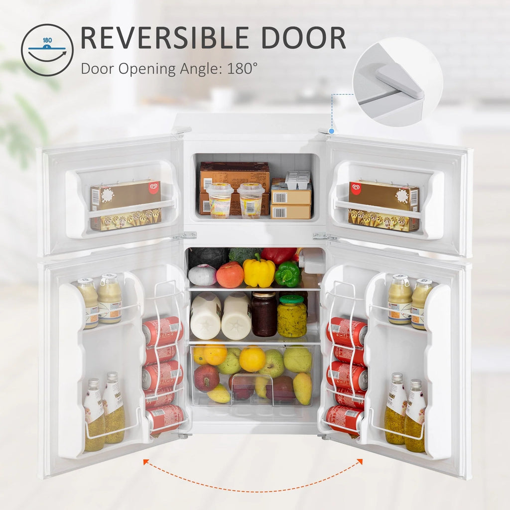 HOMCOM Double Door Mini Fridge with Freezer, 3.2 Cu.Ft Compact Refrigerator with Adjustable Shelf, Adjustable Thermostat