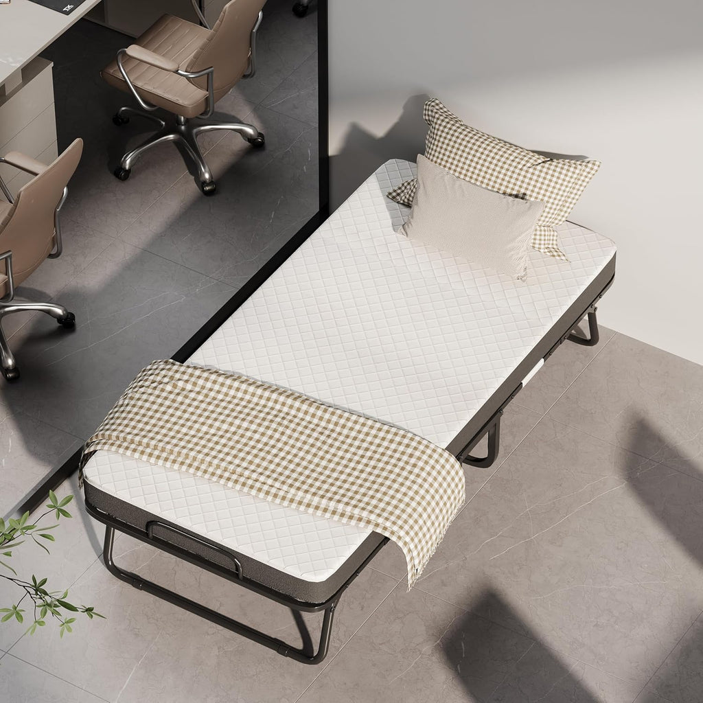 CAIYUN lit pliant 1 personne 80 × 190 cm avec matelas mousse 13 cm, sommier à lattes métal, 4 roulettes, charge 200 kg