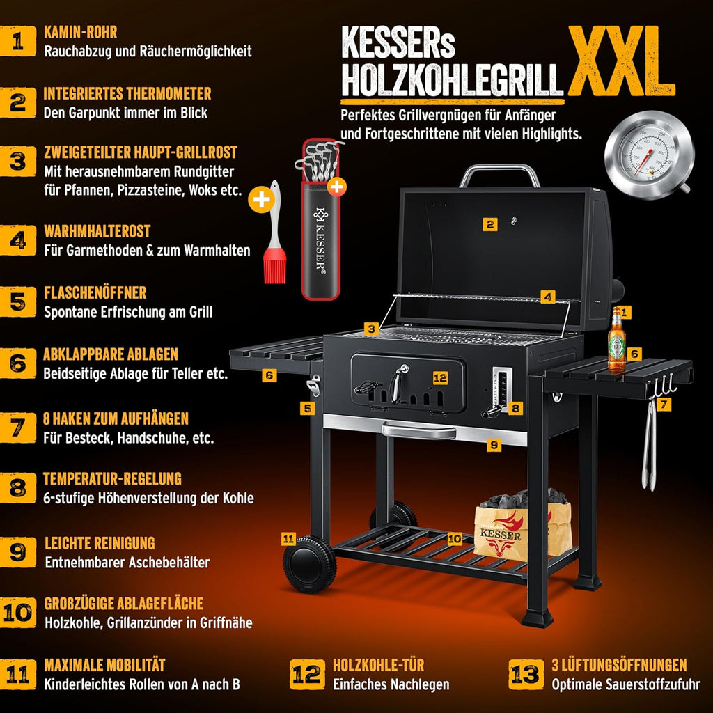 KESSER® Chariot à Barbecue , Grill XXL à Charbon de Bois avec Couvercle, Roues, poignée en Acier Inoxydable, Grille et thermomètre , Grand Barbecue au Charbon de Bois