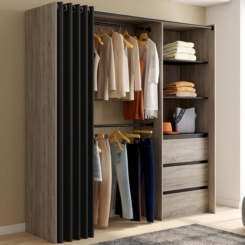 IDMarket - Dressing extensible MARTY 120/170 x 50 x 180 cm hêtre avec 3 tiroirs + étagères + double penderie + rideau noir