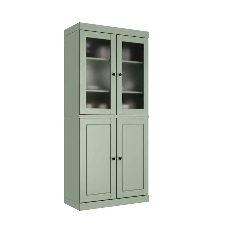 100% Solid Wood Pantry Cabinet with Frosted Glass Doors, Solid Doors, 2-Drawers and Adjustable Shelves