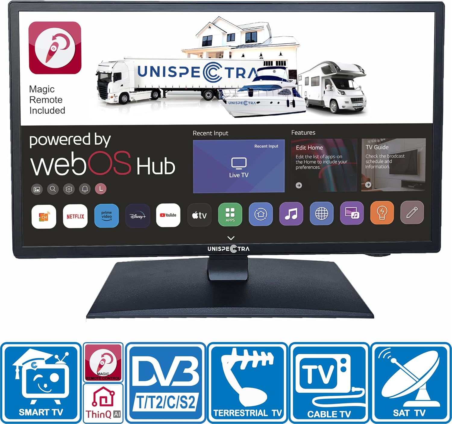 Unispectra ® 19” Smart TV (webOS) avec Télécommande Magique 12v HDR 230v 24v TV TNT et Tuner Sat 3xHDMI 2xUSB. Téléviseurs 12V pour Camping-Cars, caravanes, fourgonnettes, Bateaux