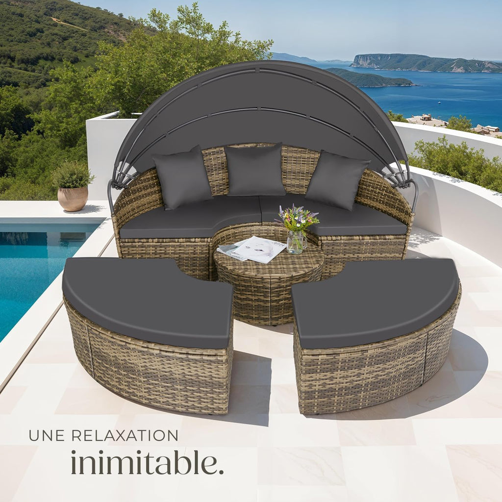 tectake Bain de soleil Salon de jardin exterieur Modulable en Résine tressée avec Pare Soleil Pliable, Coussins Inclus, Chaise longue Relax Mobilier de Jardin pour Amenagement Balcon Terrasse Veranda
