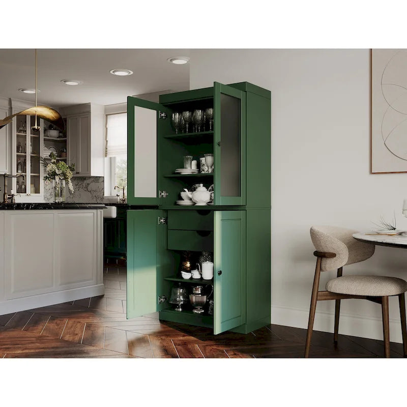 100% Solid Wood Pantry Cabinet with Frosted Glass Doors, Solid Doors, 2-Drawers and Adjustable Shelves