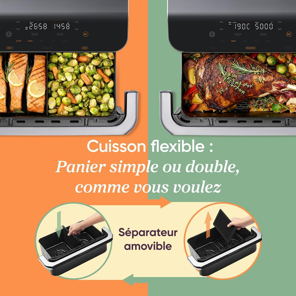 COSORI Air Fryer 10L Twinfry, Friteuse sans Huile Double Résistance, Airfryer à Dual Zone Avec Séparateur Amovible, 5-en-1, Grande Capacité, Cuisson optimale, 40℃-240℃, Contrôle Smart via App
