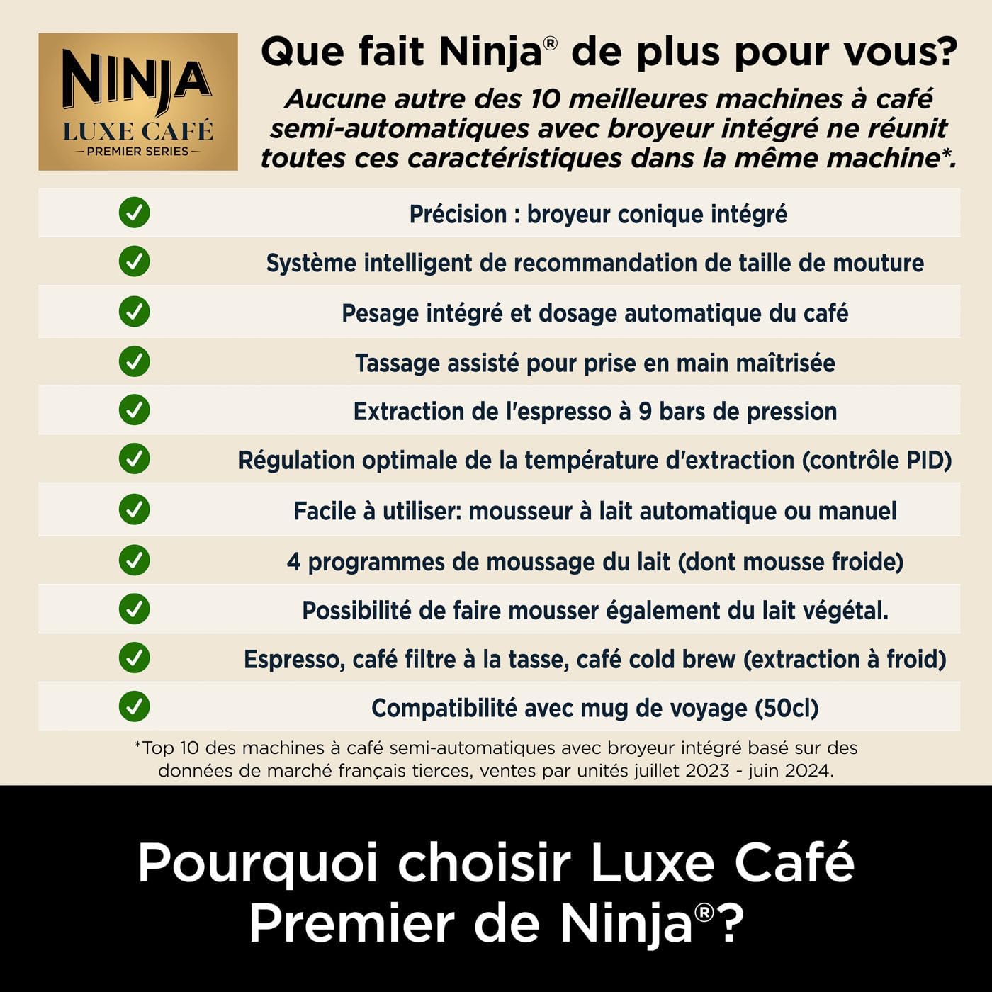 NINJA Machine à café Luxe Essential 2-en-1, Latte, Cappuccino et Espresso avec broyeur à grains et mousseur à lait intégrés, facile à utiliser, 2 préréglages mousse, argent, ES501EU