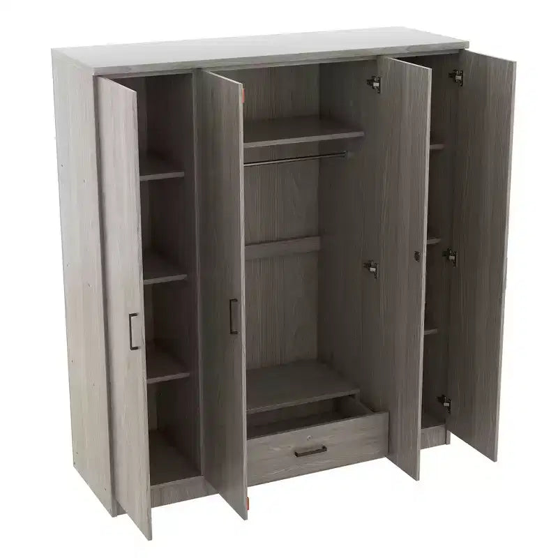Whisen Wood 4-Door Wardrobe Armoire with Hanging Rod, 1-Drawer and Storage Shelves