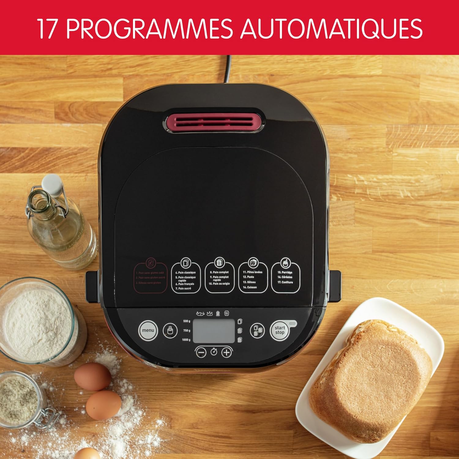 Moulinex Pain Plaisir Machine à pain, 1 Kg, 720W, 17 programmes, Programme sans gluten, Pain maison, Pizza, Départ différé 15 heures, 3 niveaux de dorage, OW220830 Noir