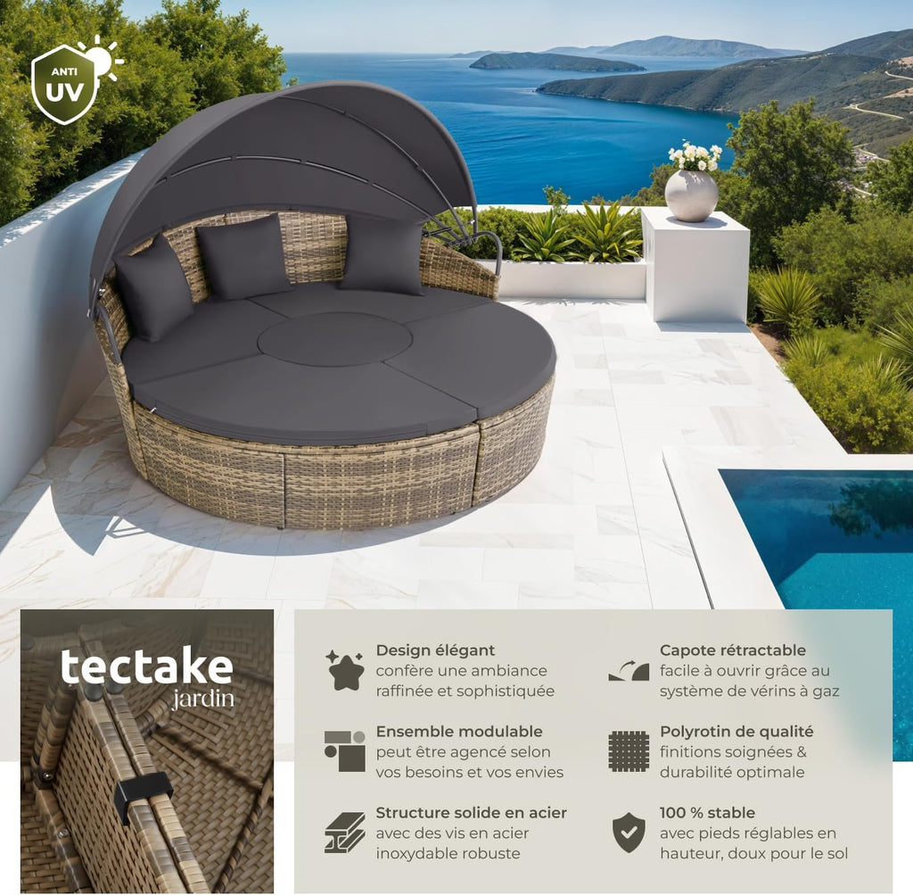 tectake Bain de soleil Salon de jardin exterieur Modulable en Résine tressée avec Pare Soleil Pliable, Coussins Inclus, Chaise longue Relax Mobilier de Jardin pour Amenagement Balcon Terrasse Veranda