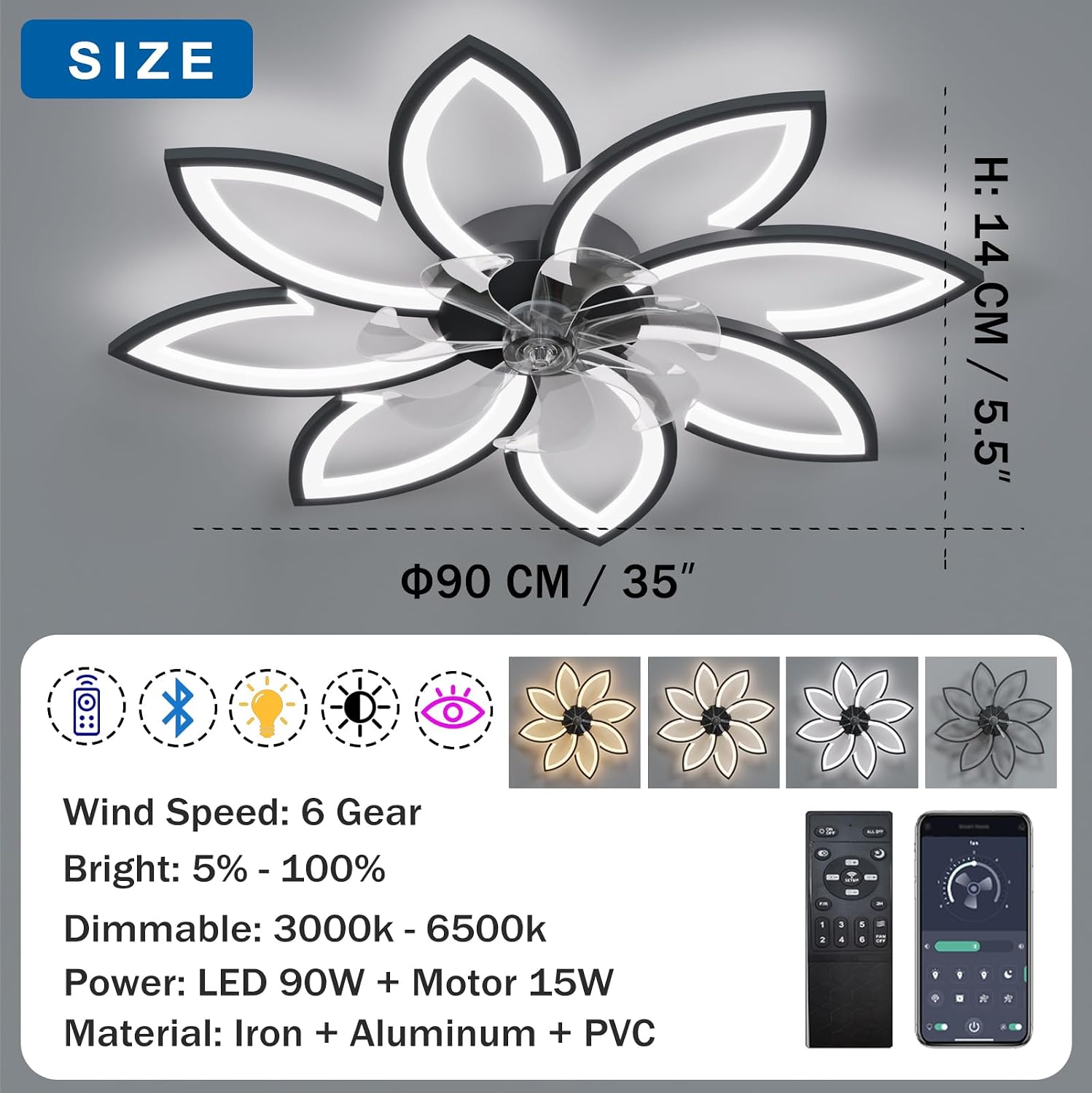 YUNZI Sourdine Ventilateur de Plafond avec lumière avec télécommande, LED Dimmable Lampe de Plafond Moderne Ventilateur de Plafond pour Salon Chambre à Coucher, Réglable 6 Vitesses, Blanc 90CM