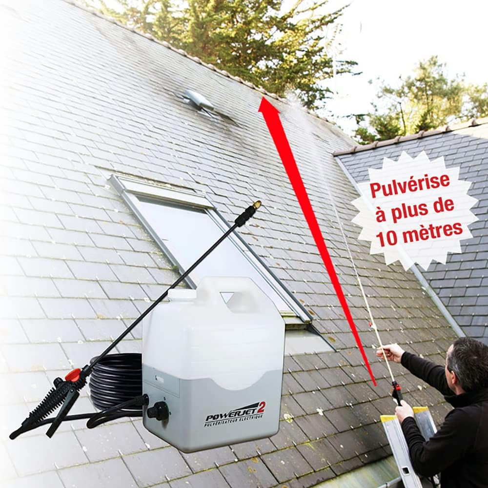 Multirex PowerJet 2 pulvérisateur électrique 12 V, portée 10 m, autonomie 5 h, pompe 5,5 bar avec pressostat, lance carbone 1,5 m, 7 buses, aspiration externe, démoussage toitures/façades