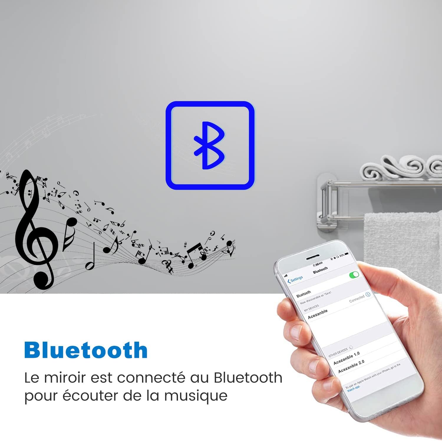 AICA Miroir Salle de Bain rectangulaire 120 x 70cm, Bluetooth + 3 Couleurs + dimmable + grossissant + Horloge + Anti-buée + mémoire, Miroir Lumineux