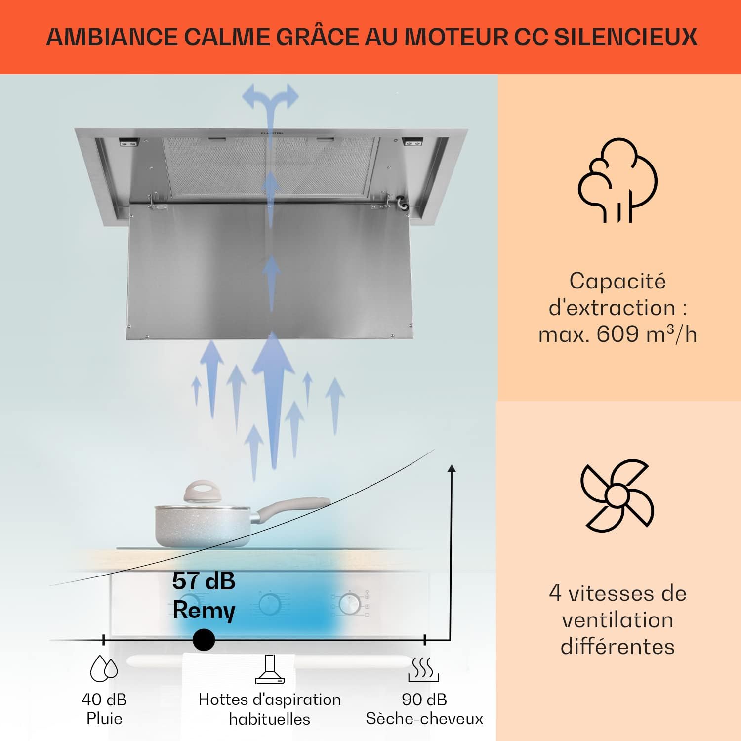 Klarstein Remy Brilliant Edition - Hotte îlot, 618 m³/h, 230 W, télécommande, lampe LED: 3 niveaux de luminosité jusqu'à 6500 Kelvin, filtre à graisse, extraction et recyclage d'air - 90 cm, argent