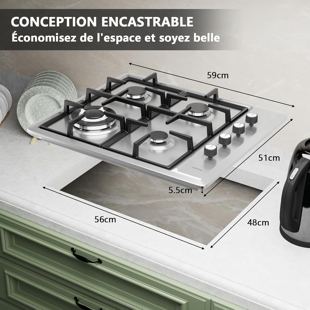 IsEasy Plaque Gaz 4 Feux Inox, Plaque de Cuisson Gaz 4 feux Encastrable, Table de cuisson 60cm, Gazs Ville et Bouteille